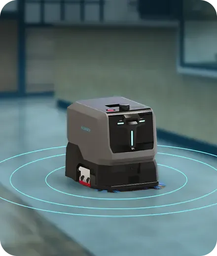 Autonomous floor-cleaning robot scrubbing a tiled floor